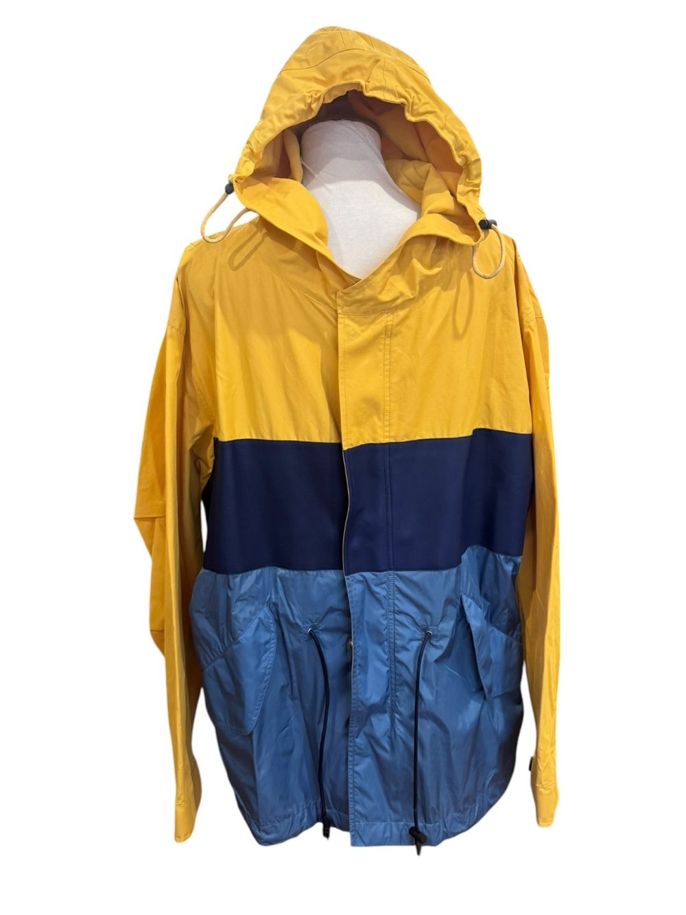 Vintage Burberry Yellow, Navy & Light Blue Colorblock Hooded Raincoat